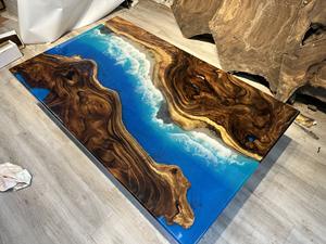 ฐานไม้ขอบธรรมชาติแบบไม่ผ่านการตกแต่ง พร้อมดีไซน์น้ำและชายฝั่งที่สมจริง โต๊ะเรซิ่นอีพ็อกซี่ไม้รูปทรงสี่เหลี่ยมผืนผ้า - Product Image 4