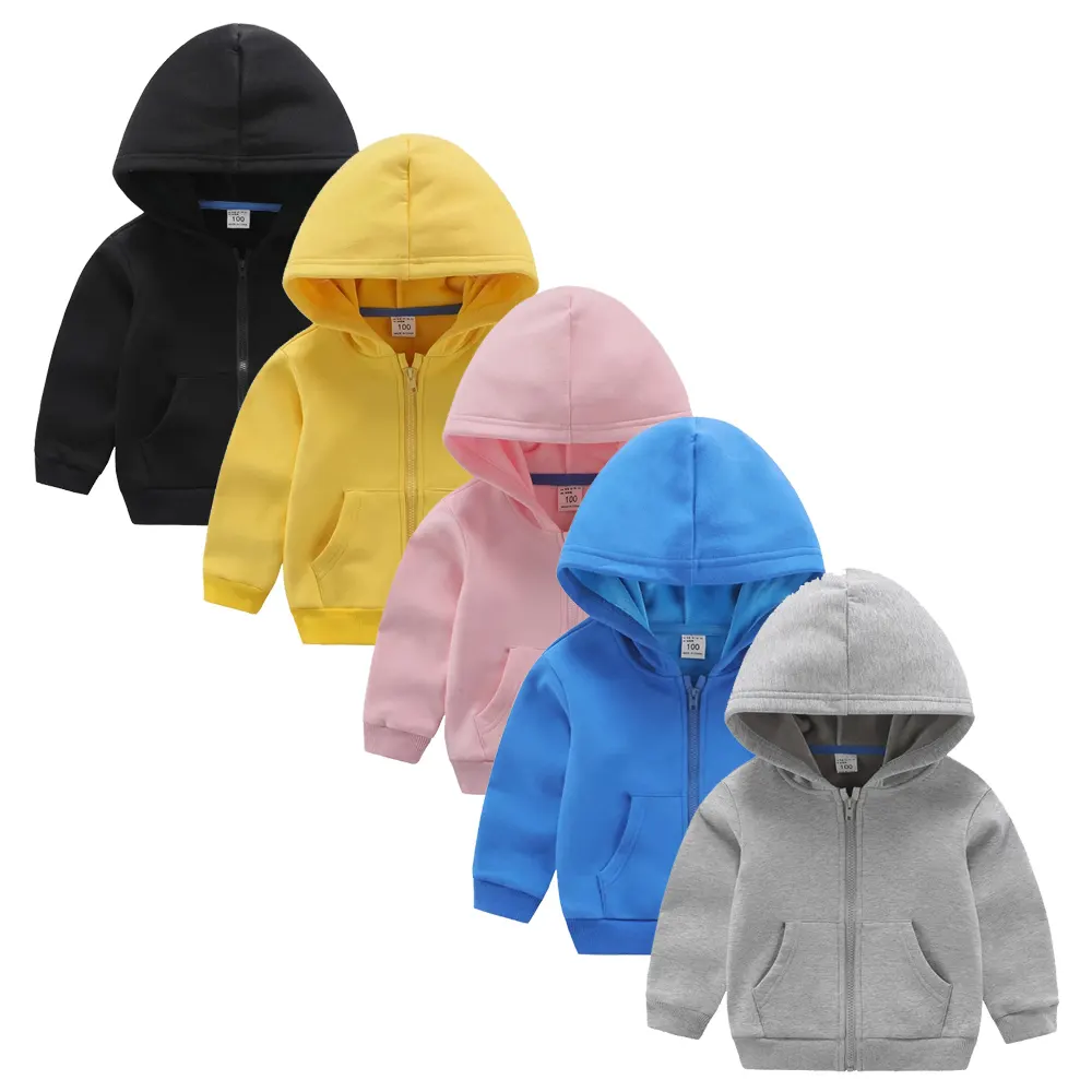 Biểu Tượng Tùy Chỉnh Chàng Trai Cô Gái Cộng Với Nhung Zip Up Trùm Đầu Áo Khoác Trẻ Em Màu Rắn Bên Túi Áo Trẻ Em Hoodies Outerwears