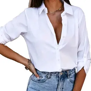Women Casual Button Down Shirt V Neck Long Sleeve Collared Office Work Blouse Fashion Tops Womens Loose