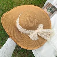 Nuevo Sombrero de Paja Tejido para Mujer con Lazo de Encaje, Estilo Francés, Ala Ancha, Protección UV, para Playa y Vacaciones