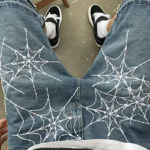 Custom Gothic Punk Spider Web <b>Embroidered</b> Men's Denim Shorts Distressed Raw Hem <b>Jean</b> Shorts Summer Streetwear Baggy Jorts - Product Image 3
