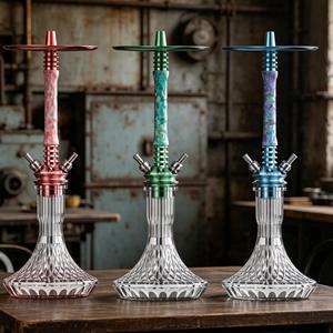 Green Pattern <b>Hookah</b> Aluminum Shisha <b>Pipe</b> Clear Glass Base Double Hose Lounge Use - Product Image 2