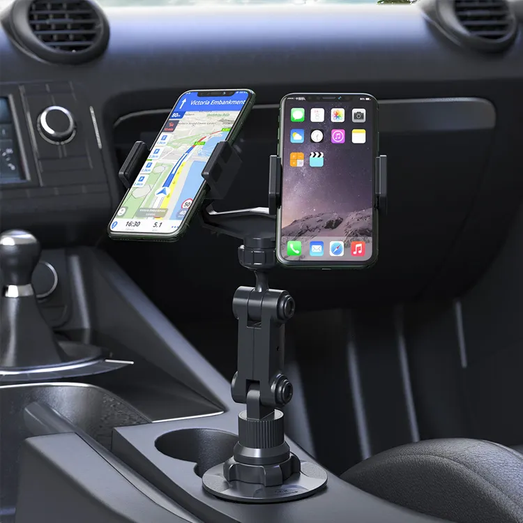 New Design ABS Foldable Double Car Cup Holder Phone Mount Silicon Adjustable 360 Rotation Dual Phone Holder Cup For Car