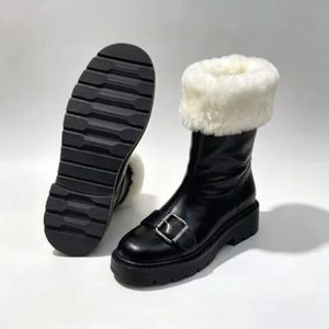 Snow boots Women Sheepskin Winter Boots Slip-On Plush Lined Closed Toe Anti-Slippery Rubber Sole Solid Color Flat Shoes - Product Image 4