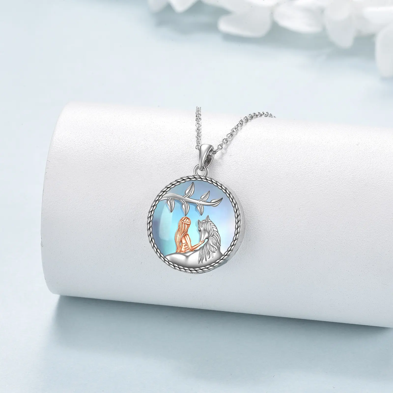 Luxo bonito 925 Sterling Silver Horse e meninas Moonstone Pendant Necklace Jewelry Gift