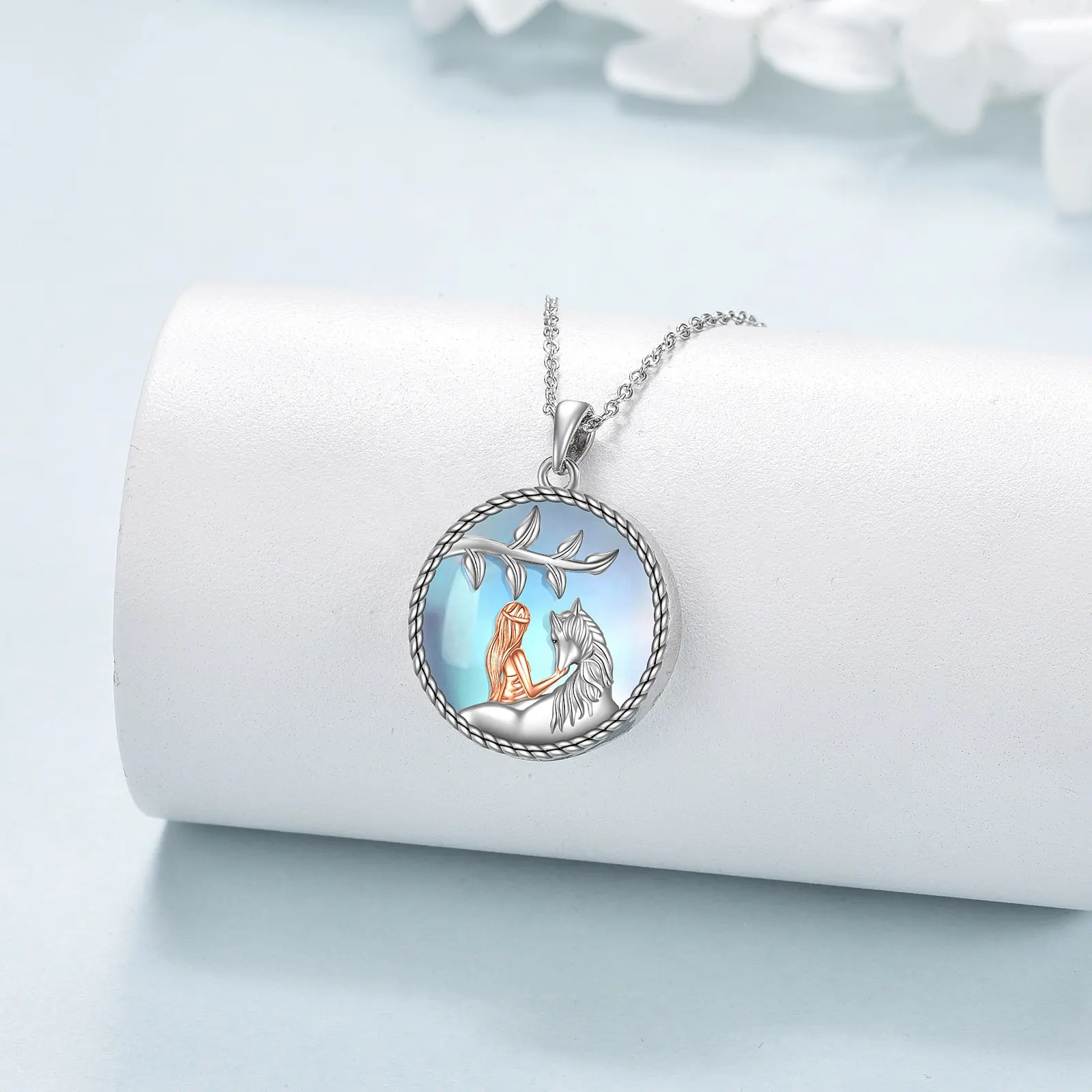 Sang Trọng Dễ Thương 925 Sterling Silver Ngựa Và Cô Gái Moonstone Mặt Dây Chuyền Vòng Cổ Trang Sức Quà Tặng