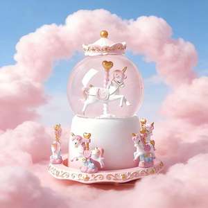 Schattige hars carrousel draaiende sneeuwbol muziekdoos met LED-licht kristallen bol bureaudecoratie verjaardagscadeau voor meisjes - Product Image 4