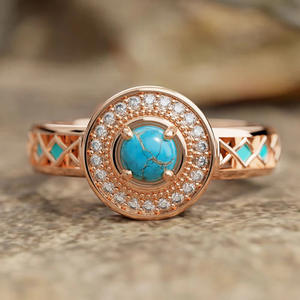 Rose <b>Gold</b> <b>Turquoise</b> <b>Ring</b> With Diamond Halo Geometric Design Women's Engagement Gemstone <b>Ring</b> T0874 - Product Image 1