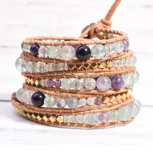 Perle di pietre preziose di Fluorite Healing accessori per donna gioielli 5 Wraps braccialetto ovale in pelle di pietra naturale per la salute