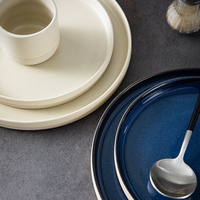 Service de Table Restaurant en Céramique Glacée Réactive Bleue, Assiettes Plates et Tasses en Porcelaine