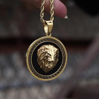 Collier Tête de Lion pour Homme en Acier Inoxydable Plaqué Or 18 carats, avec Diamants Noirs et Zircons Cubiques (CZ) Ronds, Inoxydable