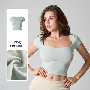 Camiseta <span class=keywords><strong>de</strong></span> algodón y elastano para <span class=keywords><strong>mujer</strong></span>, cuello redondo, corte ajustado, top corto <span class=keywords><strong>de</strong></span> cuello cuadrado, manga corta, sexy, cintura ajustada, color liso, camiseta básica <span class=keywords><strong>de</strong></span> verano - Product Image 2
