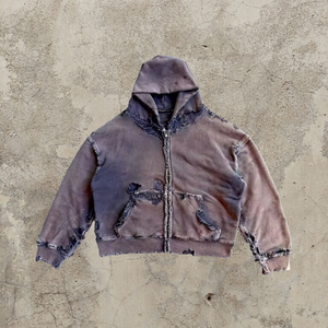 Zip Up Black Wash Sun Faded Sudaderas con capucha desgastadas Parches bordados desgastados recortados Custom Acid Wash Hoodie Distressed - Product Image 2