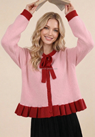 Cardigan à carreaux de Noël pour femme, pull en maille à manches longues avec ourlet à volants et nœud papillon, haut décontracté pour les fêtes