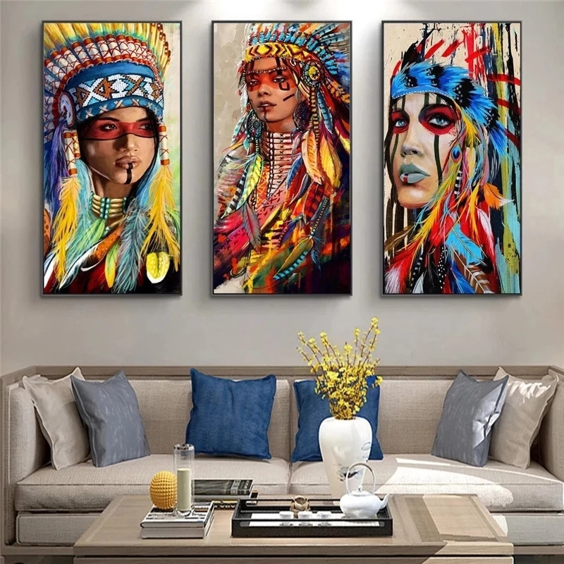 Living Room Decor Colorful African Woman Paintings Indian Girl with Feather Posters Prints indian tribal wall art