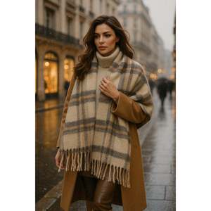 Bufanda/Chal de Poliéster a Cuadros Beige para Mujer SAL1297 Diseño de Estampado Étnico Servicio de Logotipo Personalizable - Product Image 1