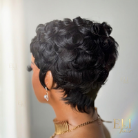 Pelucas sin encaje de cabello virgen al por mayor, pelucas vietnamitas de cabello humano corto estilo pixie, peluca rizada natural pre-arrancada con flequillo sin pegamento