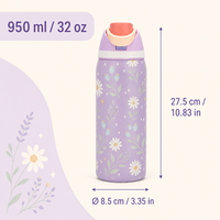 Bouteille d'eau en acier inoxydable de 32 oz avec couvercle à bouton-poussoir isolé sous vide anti-fuite, intérieur 304, extérieur 201, impression de motif original
