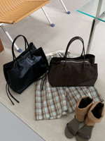 Tas Tote Kulit PU Besar dan Lembut, Tas Selempang Vintage Model Slouchy dengan Tali Serut Samping, Tas Kerja Modis untuk Wanita