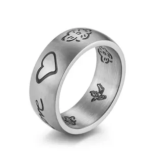 Japanese and Korean style titanium steel ring engraved with heart-shaped flower and bird men's ring