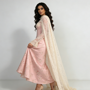 <span class=keywords><strong>Vestidos</strong></span> Elegantes <span class=keywords><strong>de</strong></span> Moda para Mujer en <span class=keywords><strong>Rosa</strong></span> Claro con Bordado Floral, Capa <span class=keywords><strong>de</strong></span> Encaje, Cuello Alto, Manga Larga con Campana, Cola <span class=keywords><strong>de</strong></span> Sirena - Product Image 2