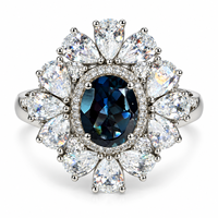 Bague en argent sterling 925 ajustable avec topaze bleue de Londres, pierre centrale ovale et grappe florale, bijoux fins personnalisés pour femme