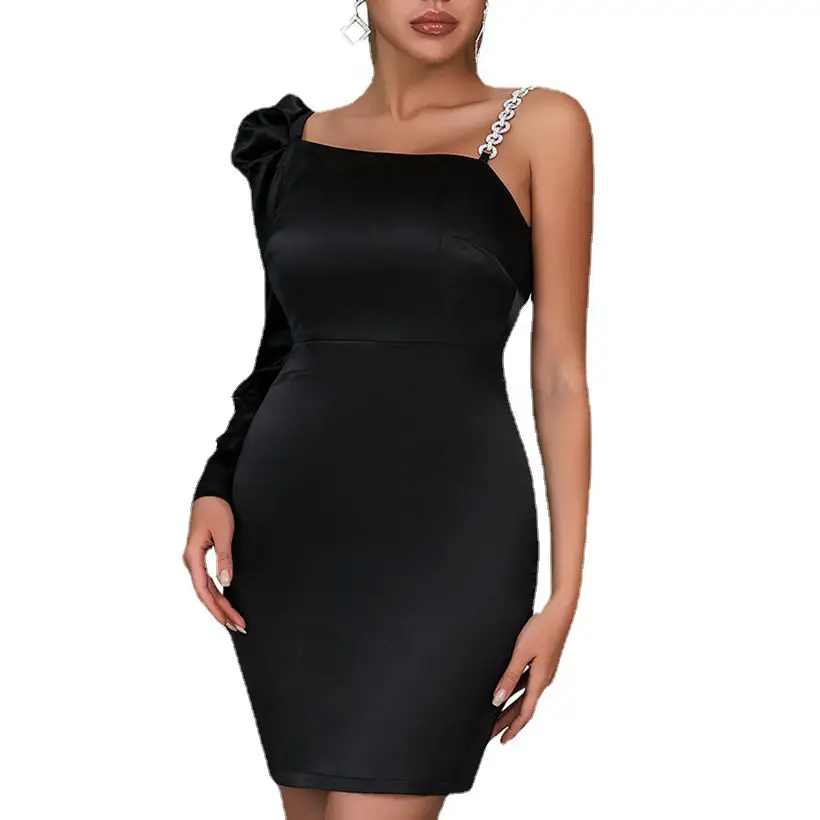 गर्मियों में फैशन एक कंधे काली पोशाक सुरुचिपूर्ण महिला लंबी आस्तीन सेक्सी स्लिम हीरा शाम ठोस साटन तंग मिनी पेंसिल पोशाक