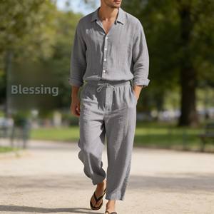 Completo Estivo Stile Americano in Lino per Uomo, Camicia <span class=keywords><strong>a</strong></span> Maniche Lunghe e Pantaloni Casual con Protezione Solare - Product Image 3
