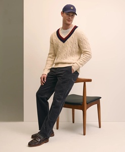 Suéter de Cricket de punto de cable pesado para hombre Jersey 100% de algodón con cuello en V con ribete de Punta crema - Product Image 2