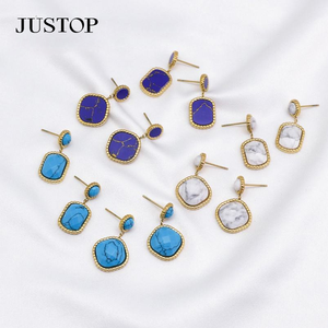 Élégantes boucles d'oreilles pendantes géométriques carrées en améthyste unisexe, chic, plaquées or 18 carats, en acier inoxydable, respectueuses de l'environnement - Product Image 2