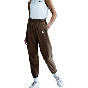 Pantalon Harem en tricot marron pour femme, longueur cheville, avec taille élastique et logo sur la jambe droite, style décontracté pour l'automne - Product Image 1