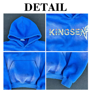 เสื้อฮู้ดดี้ผู้ชายสไตล์สตรีทแวร์แบบสั่งทำพิเศษ 350 500gsm ผ้าฝ้ายหนานุ่ม ซันเฟด แขนยาวปกติ ตัดสั้น ล้างสีแบบแอซิด ประดับคริสตัล - Product Image 6