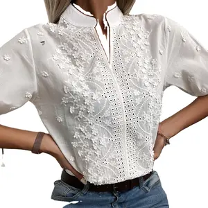 Top estivo con scollo a V stile stile stile stile di alta qualità in pizzo ricamato da donna camicette e camicie da donna