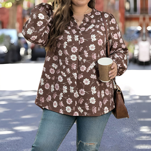 Hochwertige Plus-Size-Oberteile mit Blumenmuster, V-Ausschnitt, langen Ärmeln, Falten-Design, elegante Damenbluse für den Alltag, Größen 1XL-<span class=keywords><strong>5XL</strong></span> - Product Image 1