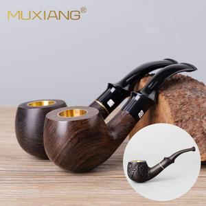 Muxiang Wooden Tobacco Pipe Bent Shape Hand Carved With Copper Bowl For Smoking - Product Image 1