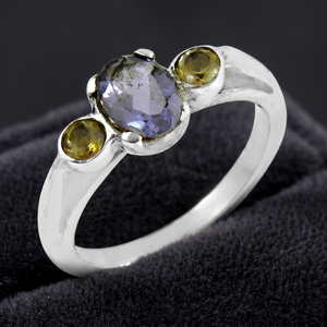 Art Palace Unisex 925 Silver Plated Three <b>Stone</b> <b>Ring</b> Natural Oval Iolite Citrine Bezel Setting Minimalist Third Party Certified - Product Image 3