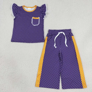 ชุดเสื้อแขนสั้นมีกระเป๋าสำหรับเด็กผู้หญิง กางเกงลายจุด - Product Image 4