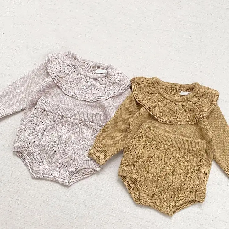wholesale boutique new born baby girls ruffle knitwear sweater pullover cable knitted bloomers baby two piece sweater sets