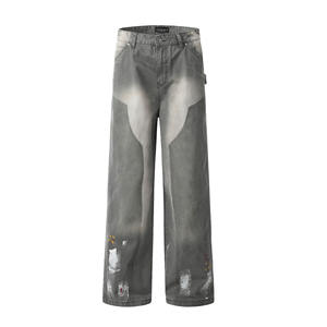 11KN unisexe décontracté rétro américain dégradé encre Splash Cargo pantalon tridimensionnel à la mode en détresse exploitation forestière Denim mi plat - Product Image 6