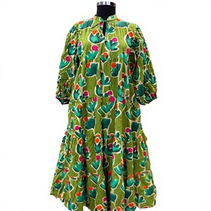 Vestido Maxi Bohemio Estampado Transpirable con Volantes, Cuello Alto, Manga Abullonada y Ajuste Relajado - Product Image 3