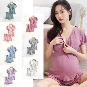 <strong>Maternity</strong> Breastfeeding <strong>Short</strong> Sleeve <strong>Shorts</strong> Set Pregnant Women Pajamas Summer Thin Postpartum Home Clothes Two-piece for Nursing - Product Image 2