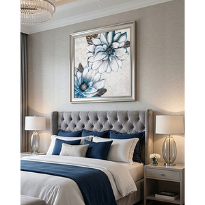 Peinture à l'huile de fleurs bleues et blanches sur toile, art mural floral texturé, œuvre d'art moderne carrée pour la décoration du salon - Product Image 4