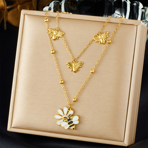 Daisy Bee Pendant Stainless Steel Double Layer Clavicle Necklace Flower Insect Design Gift Jewelry - Product Image 1