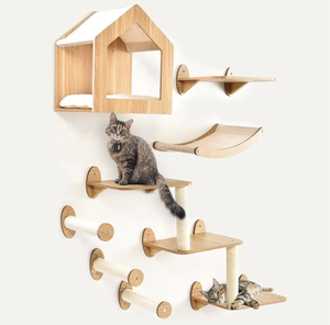 Durable Classic Wood &amp; Linen <strong>Wall</strong> Mounted <strong>Cat</strong> <strong>Climbing</strong> Tree Shelving Set for Pet Play Halloween Edition - Product Image 4