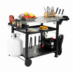 Chariot de grillades d'extérieur multifonctionnel avec table d'appoint pliable Support pour four à pizza en acier inoxydable Table mobile de préparation des aliments - Product Image 2
