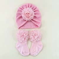 Conjunto de Gorro y Calcetines de Gasa con Flores Tejidas para Bebé, Accesorios Transpirables para Bebés de 0 a 6 Meses