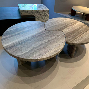 Custom Living Room Home Decor Classical Natural Stone <strong>Furniture</strong> Luxury Marble Round Silver Grey Travertine <strong>Coffee</strong> <strong>Table</strong> <strong>Set</strong> - Product Image 5