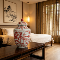 Pot en porcelaine rouge traditionnel chinois à motif floral de paon, avec couvercle, peint à la main, en céramique, pot à gingembre, ornement pour la maison