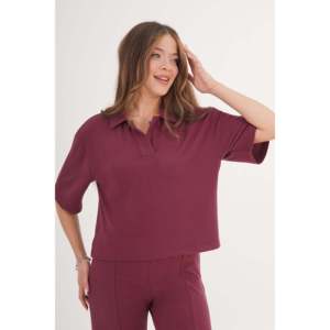 Blusa de Manga Corta con Cuello Camisero Color Borgoña para Mujer, Marca Lustrin, con Detalles de Adorno, Elegante Mezcla de Poliéster y Viscosa para Negocios - Product Image 6