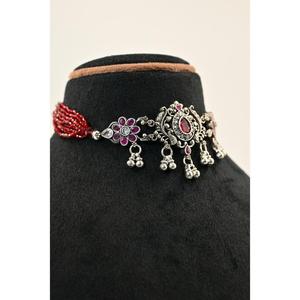 Vintage Flower Design <b>Choker</b> Necklace with Red Beads and Cubic Zirconia for Women Wedding Jewelry Antique <b>Silver</b> Plated - Product Image 2